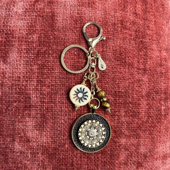 MANDALA LASER ENGRAVED Bag Charm Brown Gold Tone💮 - Picture 3 of 9